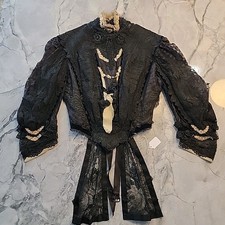 C 1870  S BLACK LACE  VELVET BODICE HANDMADE LACE EDGING Edwardian Victorian OG