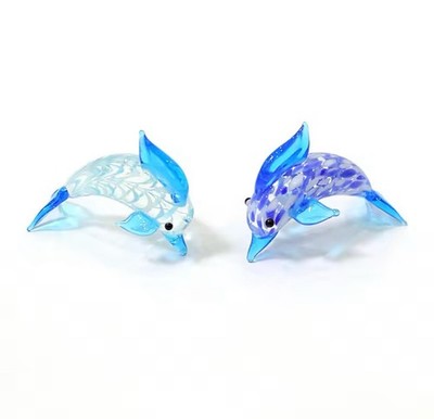 Hand Blown Glass Dolphin Figurines Miniature Ocean Animal Decor Set of 2