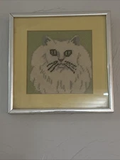 Vintage MCM Needlepoint Kitty Cat W/Pink Nose Professional Framed 7.75”x7.75”