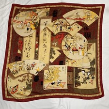 Vintage Silk Scarf Asian Art Scenes Rolled Edges 41  Square Gallery Statement
