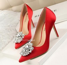 Women's Satin High Heels Pointy Toe Rhinestones Shoes Dress Pumps Wedding Party