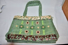 GREEN CANVAS SUN N SAND FUN TOTE BEADED BEACH PURSE