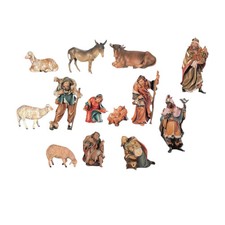 13 Statuettes Nativity in Wood from Val Gardena. 13 Pcs Wooden Nativity Figures