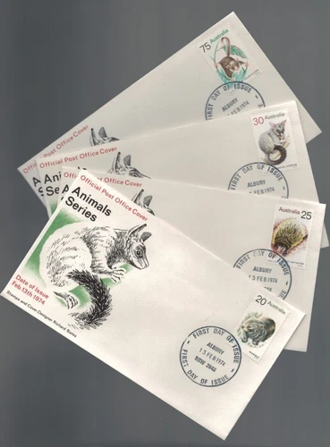 1974 Australia ANIMAL Series Glider Anteater Possum Wombat APO 4 x FDC's