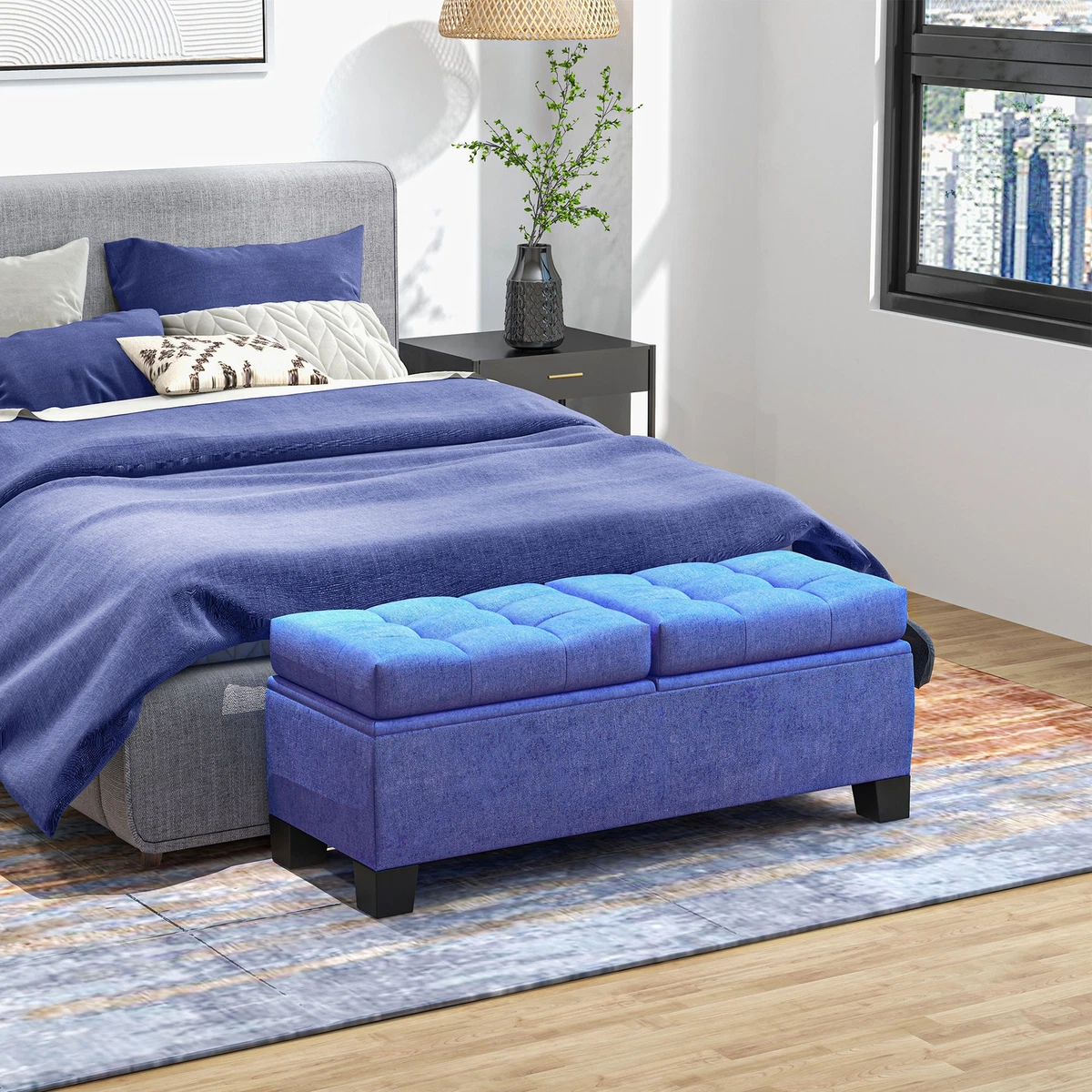 HOMCOM Storage End of Bed Bench Upholstered Bench with Steel Frame Blue