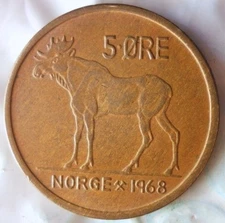 1968 NORWAY 5 ORE - Excellent Vintage Moose Coin - FREE SHIPPING - Norway Bin #4