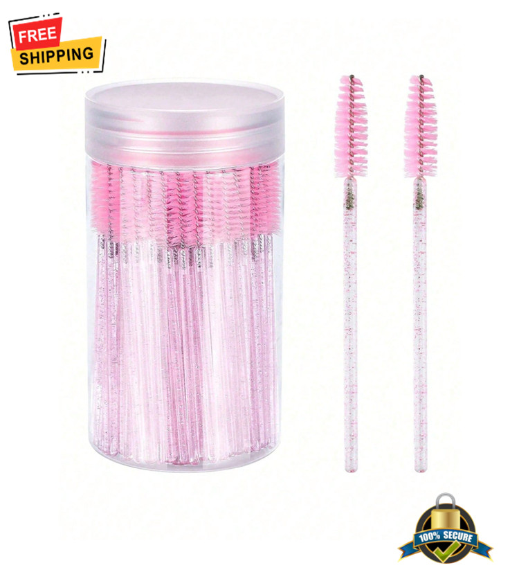 50 Pcs Eyelash Brushes Mascara Wands With Container - Pink Disposable Spoolies