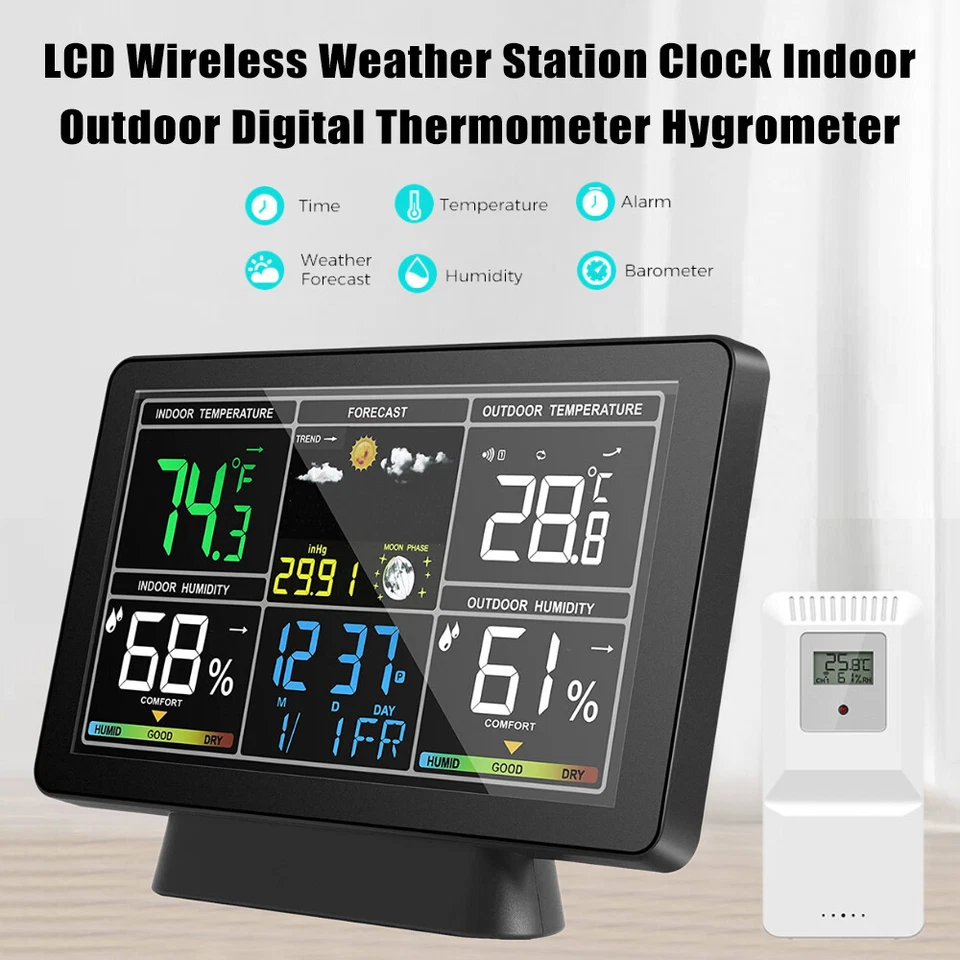 Digital LCD Wireless Weather Station Clock Indoor Outdoor Thermometer Humidity - Image 4 of 4