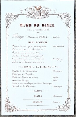 Porcelain Paper Menu - September 17, 1859 - Turin - Savoy - PREUNITARIO