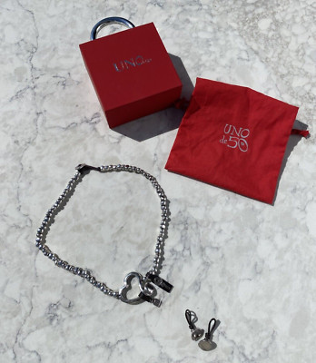 Uno de 50 Corazonada Heart & Key Necklace Silver Toggle Beads  Leather w/ Box