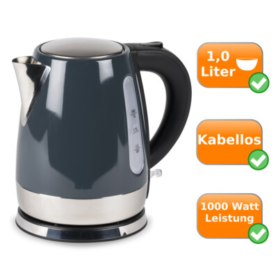 1 L Edelstahl Wasserkocher 1000 Watt Teekocher kabellos schwarz Kampa Cascade