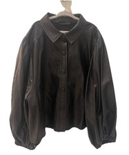 Ganni Rhinehart Leather Puff Sleeve Button-Up Top With Collar Women Sz 38 Black
