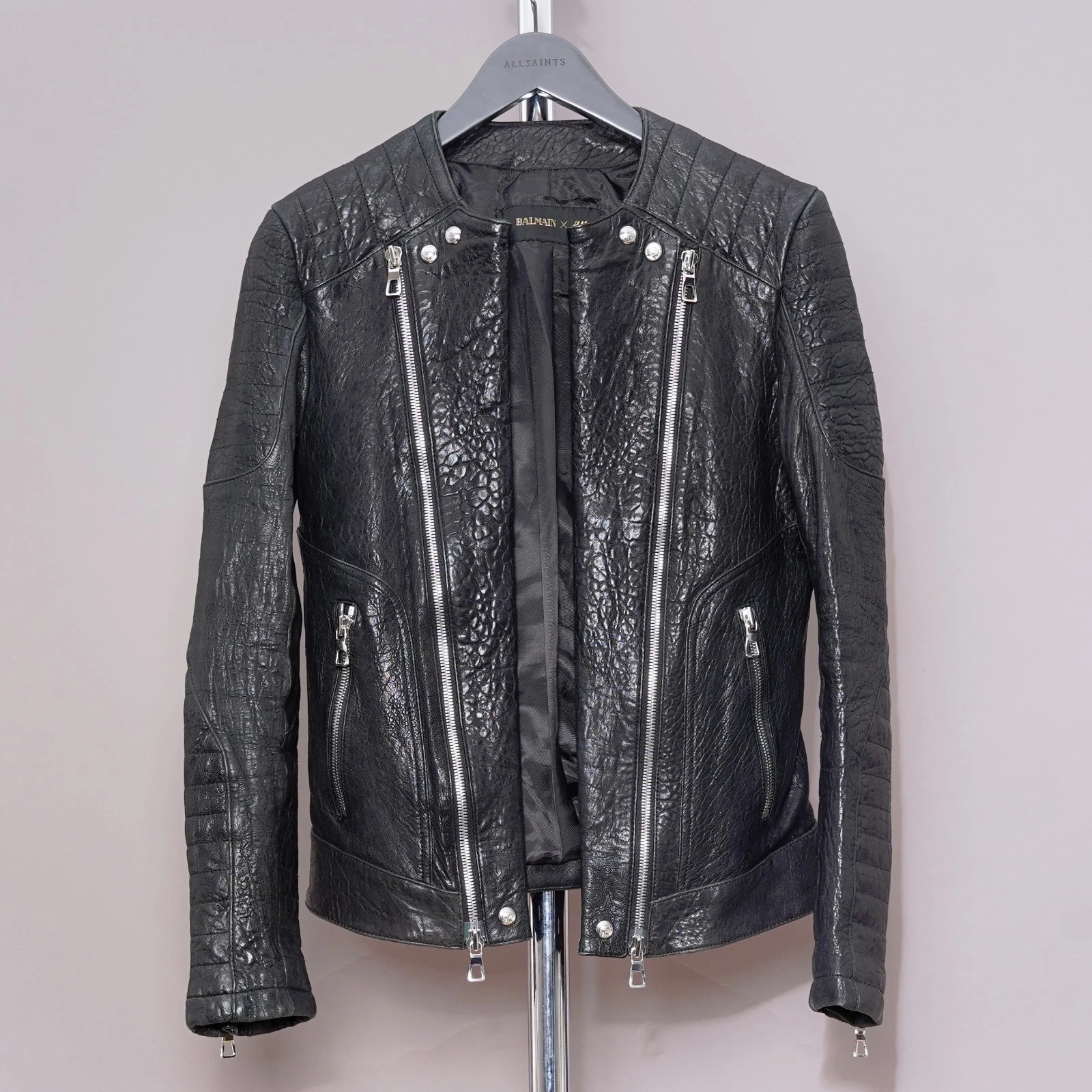 H&M x Balmain Paris Leather Jacket Mens Black Biker Bomber Animal Print 38R EU48