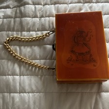 Vintage  60s-  70s Wooden Purse Decoupage Figures Chain Handle Mirror  Ladybugs