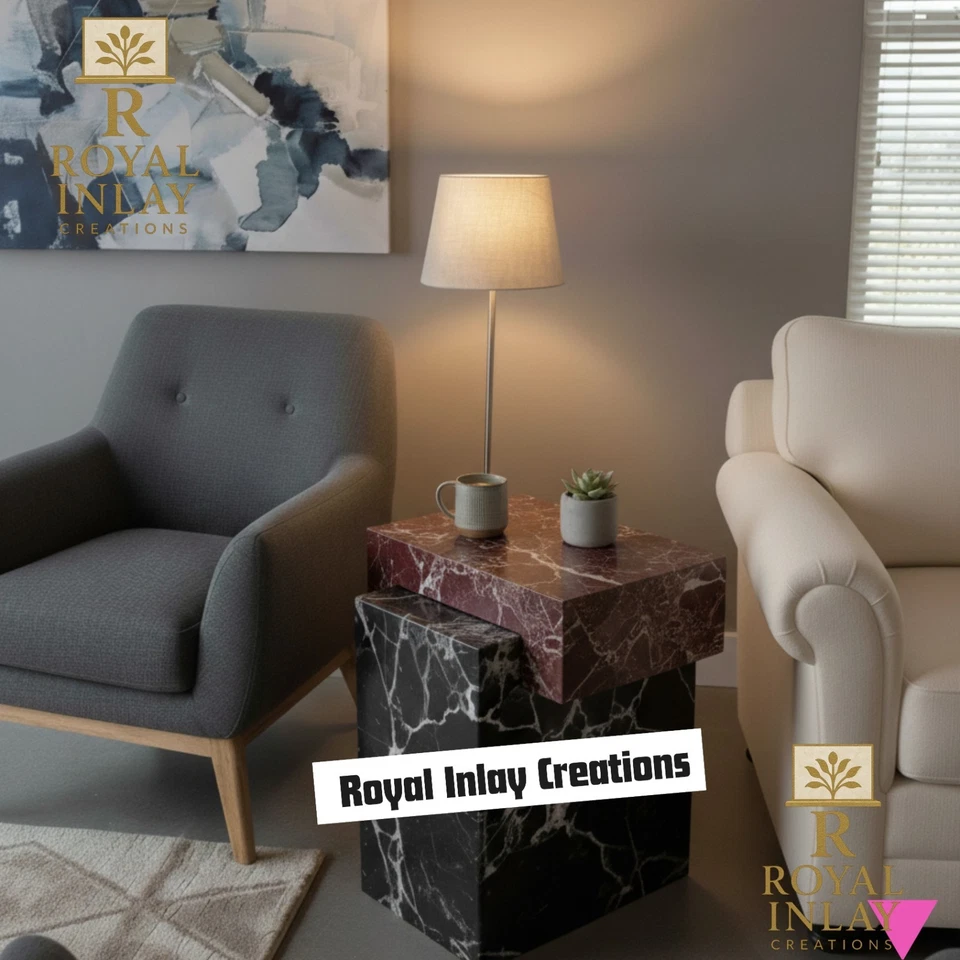 Serene & Modern Marble Side Table - Calacatta & Rosso Levanto Marble End Table - Image 3 of 4