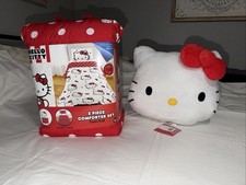 Juego de edredón y almohada reversible doble/completo Hello Kitty "Big Bow" para niños nuevo con etiquetas