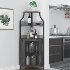 Space-Saving Corner Bar Cabinet with Wine Rack, Glass Holder & Adjustable Shelve