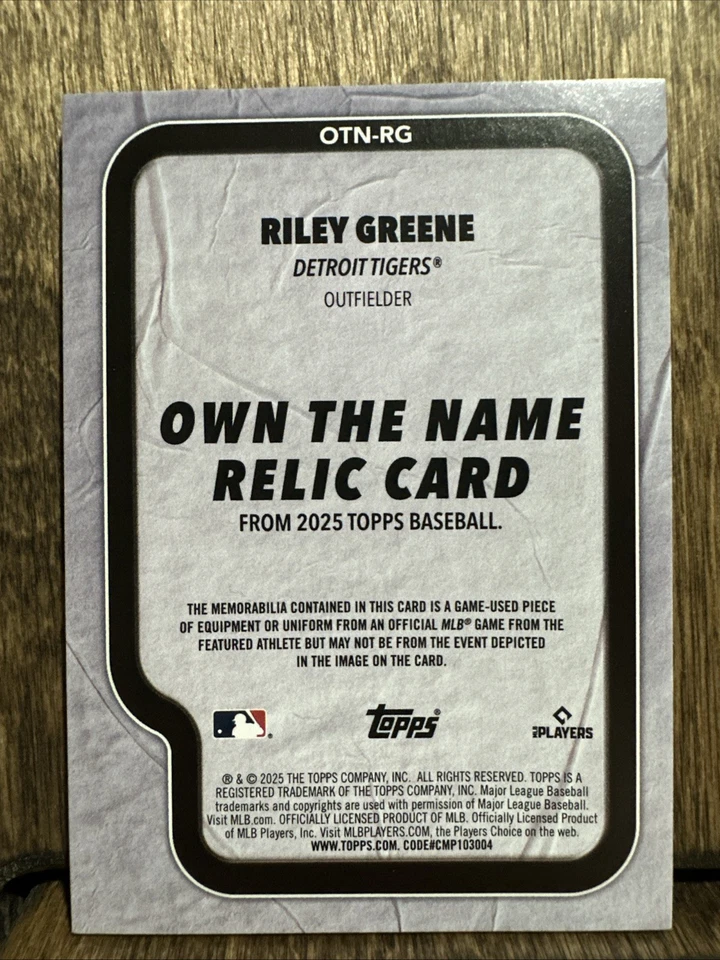 2025 Topps Update Riley Greene #OTN-RG Own the Name Relic One of One 1/1 Tigers - Image 2 of 4