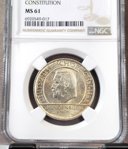 1929 F GERMANY SILVER 3 MARK CONSTITUTION HINDENBURG NGC MS 61 STUTTGART MINT - Picture 3 of 3