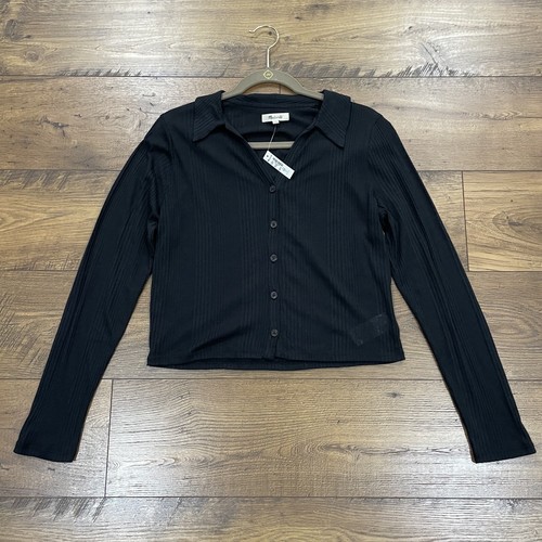 Madewell Top Womens XXL Variegated Rib Boxy Long Sleeve Polo Shirt V-Neck Black