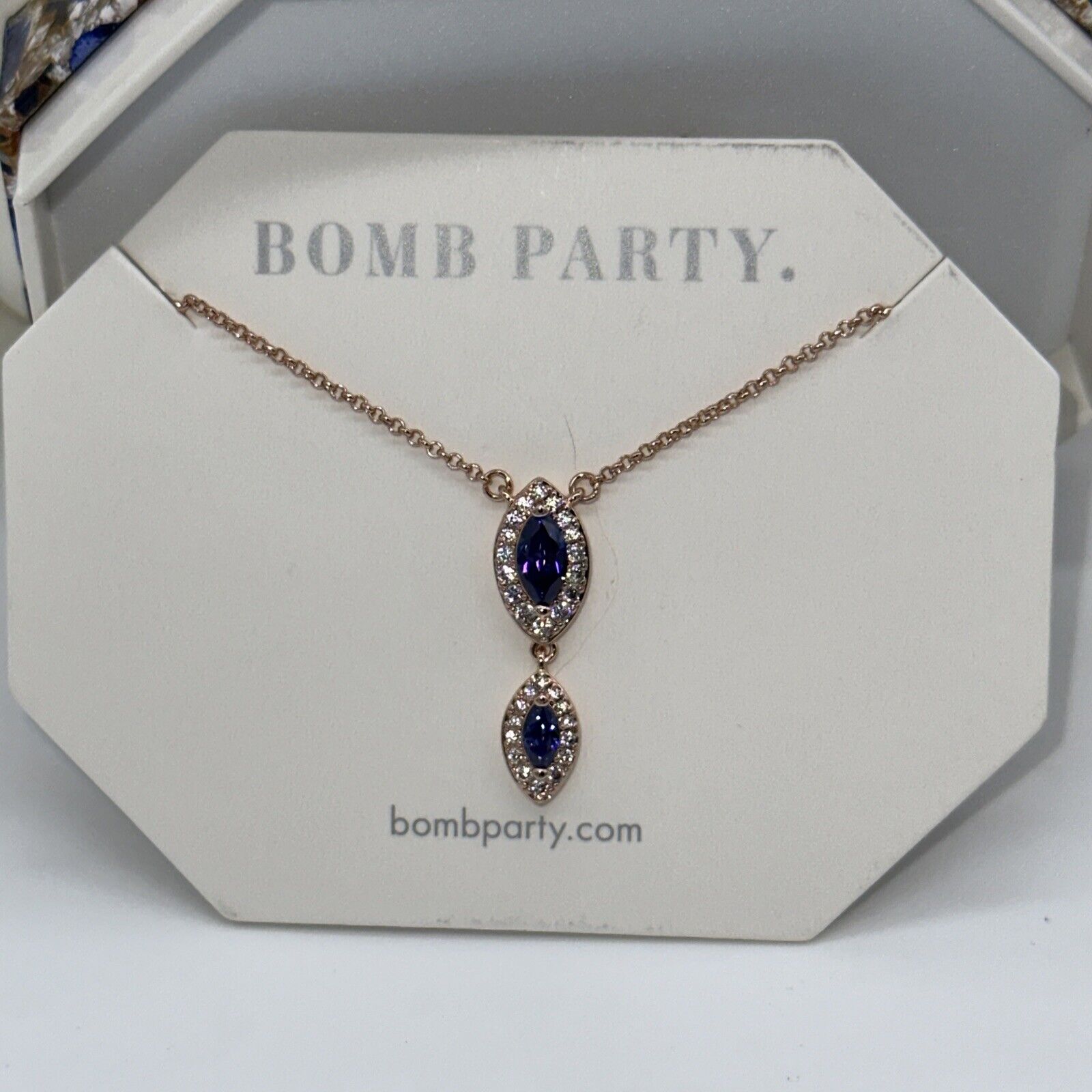 Bomb Party Necklace RBP5293 “Just the Thing” September Lab Sapphire Rose  Gold Pl