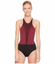 Nike - Striped High-Neck 1-Piece Swimsuit , size: Large, color: Fuchsia  Black