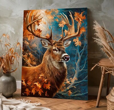 XXL LEINWAND BILD 135x100x5 HIRSCH NATUR BLÄTTER WANDBILD MODERN LANDHAUS TIERE