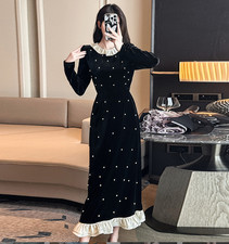 Lapel Ruffle Bead Dresses Women's 2024 New Slim Velvet Dress Black Fashion