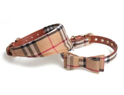 Plaid Dog Cat Collar Pet Bowtie Bandana Pu Leather Adjustable Gold