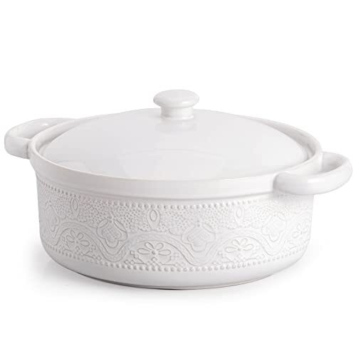 FUN ELEMENTS Casserole Dish, 2 Quart Lace Emboss Dish with Lid, Oven to 