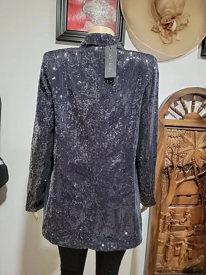 Rachel Zoe sequin Navy LUXURY Open Party Cocktail Jacket Blazer NWT #5 - Image 3 of 4