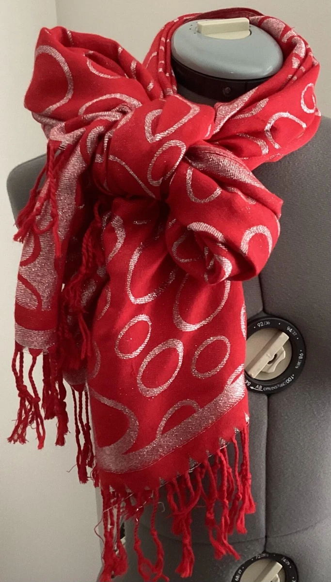 Pashmina scarf shawl red silver silk cashmere reversible fringe 82