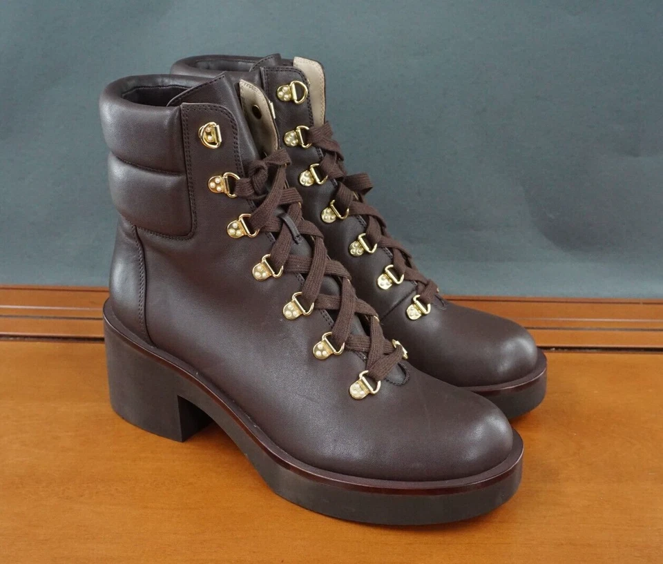 Bota de Senderista Stuart Weitzman Sussex Para Mujer 8 Cuero Marrón Con Cordones Tacón Grueso Foto 3 de 4