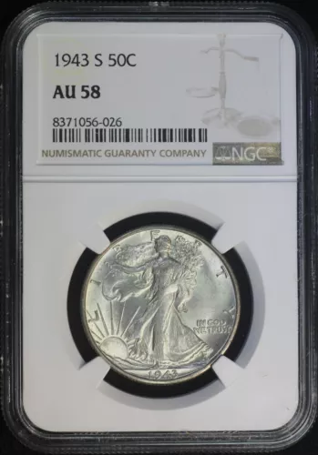1943 S Walking Liberty Silver Half Dollar NGC AU58 Almost Uncirculated PQ