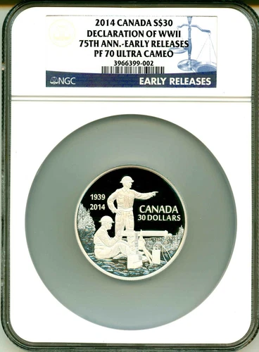 2014 Canada S$30 75th Anniversary Declaration Of WWII 2 Oz Silver ER NGC PF70 UC
