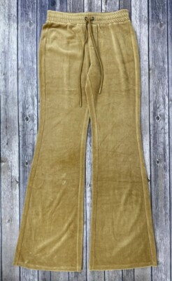 Pam & Gela Velour Pants Women Size S Beige Casual Y2K Bell Bottom Drawstring
