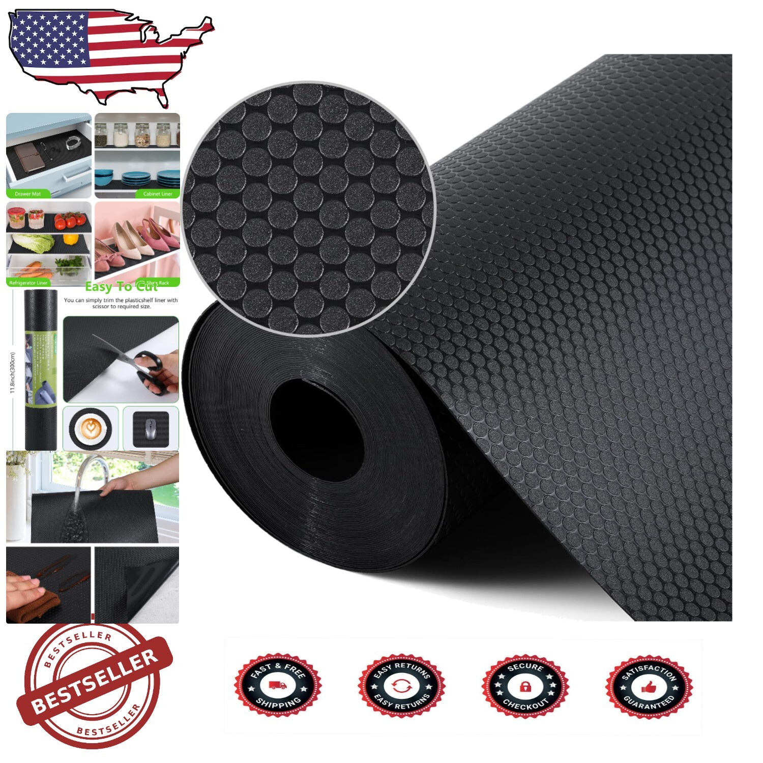 Non-Slip BPA-Free Black Shelf Liners 2 Rolls for Home Organization