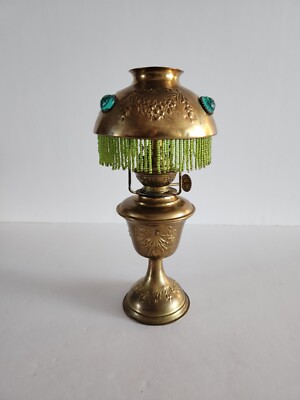 Victorian Brass Beaded Miniature Oil Lamp Colorful Glass Jewels Kosmos-Brenner