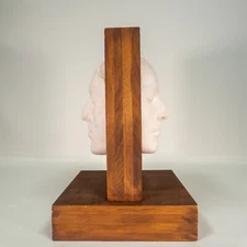 Vintage Handmade Art Two Faced Sculpture Face Relief Plaster on Wood Unique