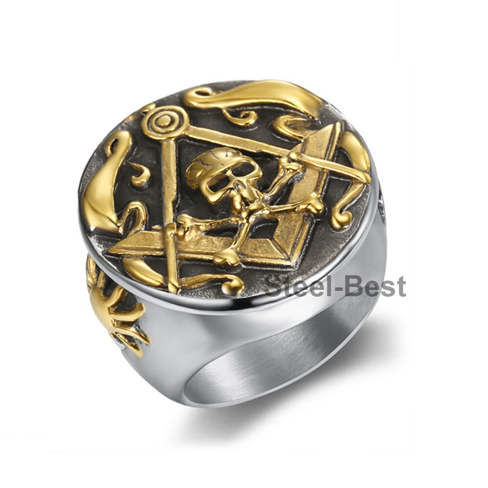 Big Heavy Men's Masonic Skull Ring Stainless Steel Gothic Skull Ring Silver Gold - Image 3 of 4