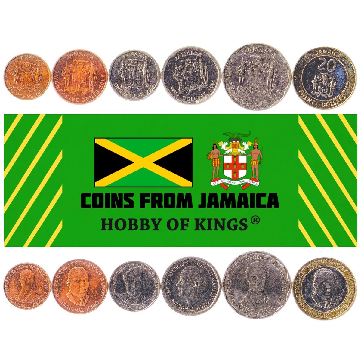 Jamaica | 6 Coin Set | 10 25 Cents 1 Dollar 5 10 20 Dollars | 2008