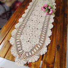 15"x70" Vintage Cotton Hand Crochet Lace Table Runner Dresser Scarf Doily Floral