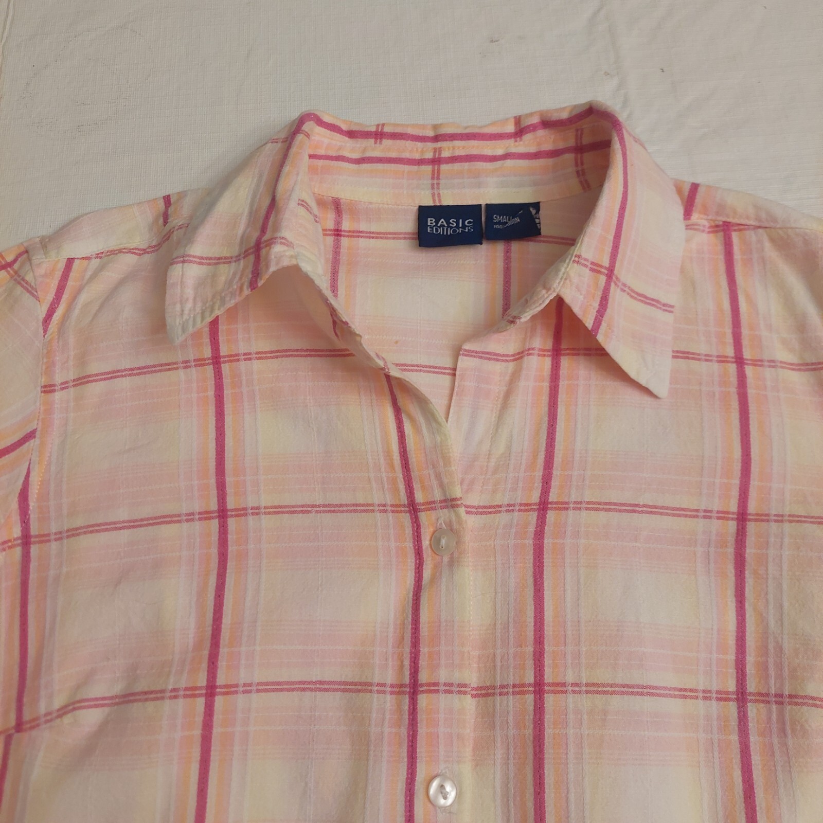 Basic Editions Pink Orange Plaid Short Sleeve But… - image 5