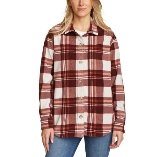 Eddie Bauer Women Brown Plaid Microfleece Button Up Shirt Classic Fit NEW Medium