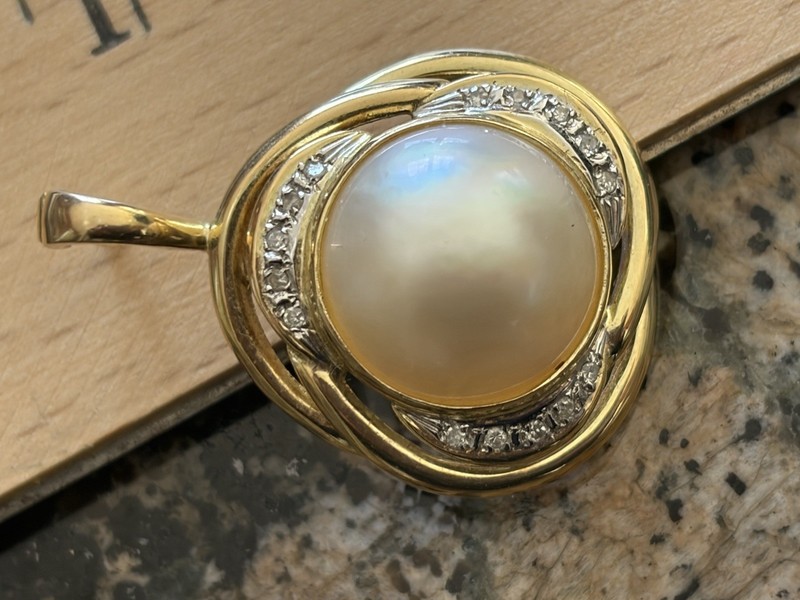 14K Yellow Gold 585 Pearl Diamond Pendant Enhancer