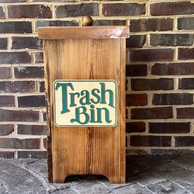 Vintage Wooden Tall Trash Bin Garbage Can Compost Bin 2 Ft Tall 10  Wide W/Lid