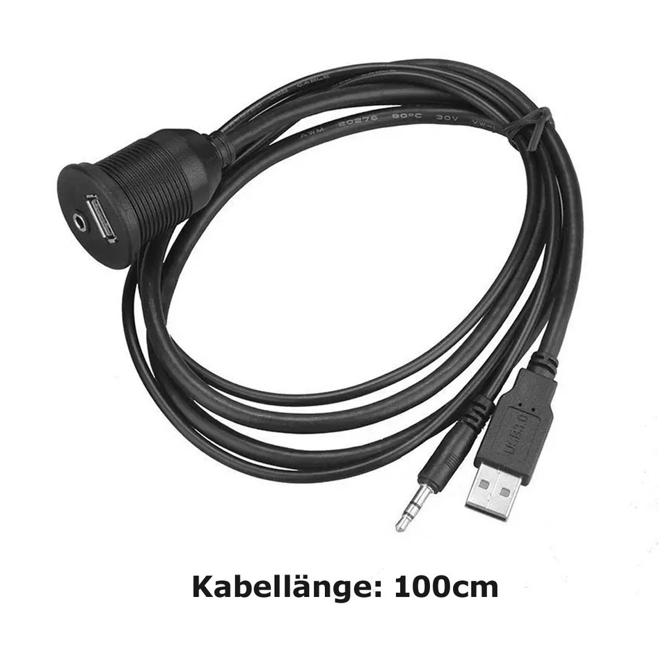 Q74C USB Car Dashboard USB 2.0+3.5mm Aux Extension Cable Bündige Mounting 1m - Image 4 of 4