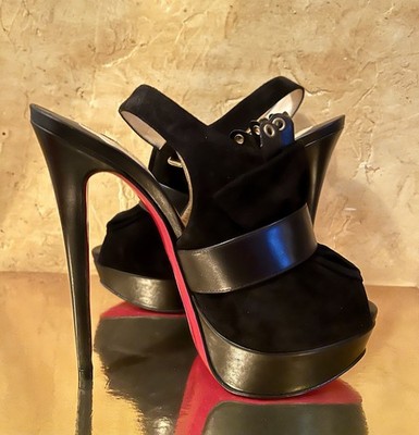 CHRISTIAN LOUBOUTIN 38 Black Suede Platform Buckle Slingback Heel