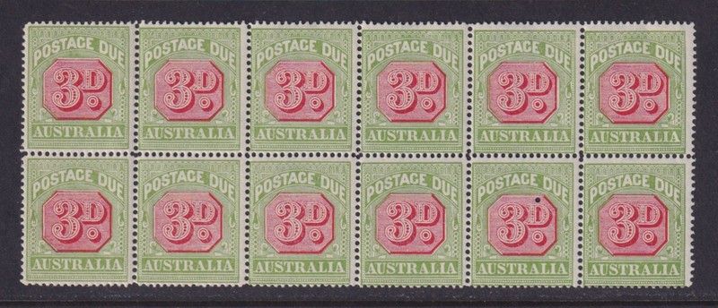 Australia Sc J54 SG D95 MNH 1922 3d Postage Due Crown/A Block of 12 CV $306