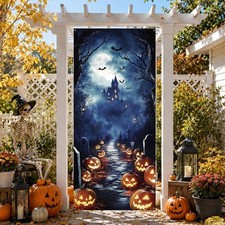 Halloween Door Cover Scary Pumpkin Bats Castle Banner Haunted House Decorx 24x71